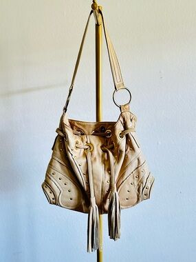 Vintage Bulga Beige Leather Studded Drawstring Hobo Tassel Bag